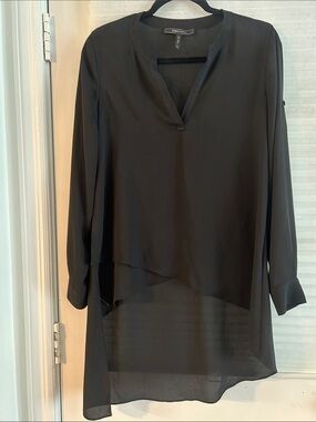 BCBGMaxAzria Black Sheer Layered V-Neck Tunic Top